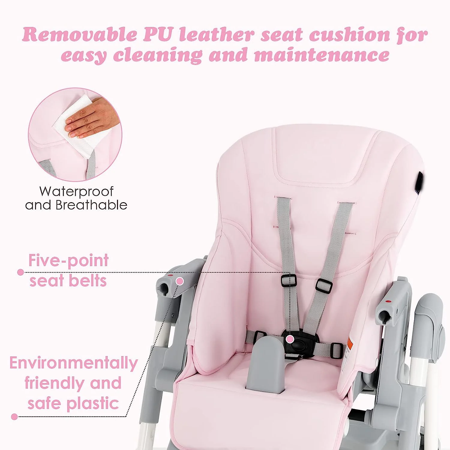 Hochstuhl für Babys und Kleinkinder, faltbarer Hochstuhl mit mehrfach verstellbarer Rückenlehne, Fußstütze und Sitzhöhe, abnehmbarem Tablett, abnehmbarem PU-Lederkissen, integrierten Hinterrädern (schwarz)