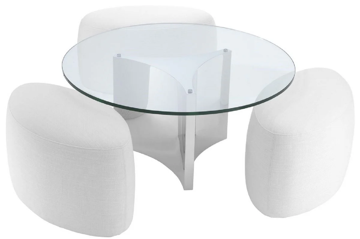 Luxury coffee table white / silver Ø 104 x H. 46.5 cm - Round stainless steel living room table with glass top and 3 elegant stools - Living room furniture - Luxury furniture