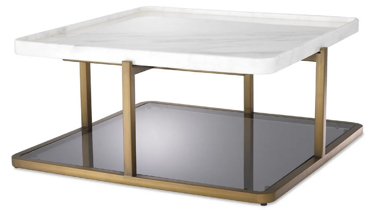 Luxury coffee table brass / white / gray 58 x 58 x H. 27.5 cm - Modern stainless steel living room table with marble top and tinted glass top - Luxury furniture