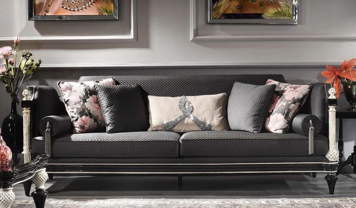 Luxury baroque sofa black / gray / silver / antique gold 250 x 95 x H. 80 cm - magnificent living room sofa in baroque style