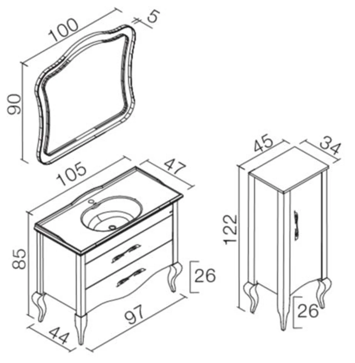 Luxury baroque bathroom set white / silver - 1 washbasin & 1 washbasin & 1 wall mirror & 1 chest of drawers - noble & magnificent - luxury quality