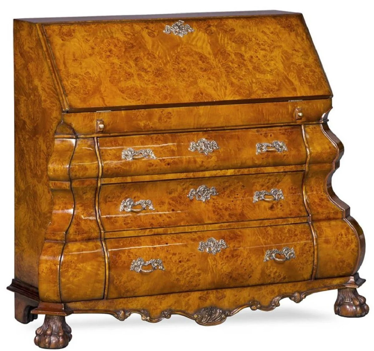 Luxury Art Nouveau writing chest with 18 drawers light brown / brown / green / silver - Magnificent solid wood chest of drawers - Luxury furniture in baroque style - Baroque office furniture - Noble & magnificent