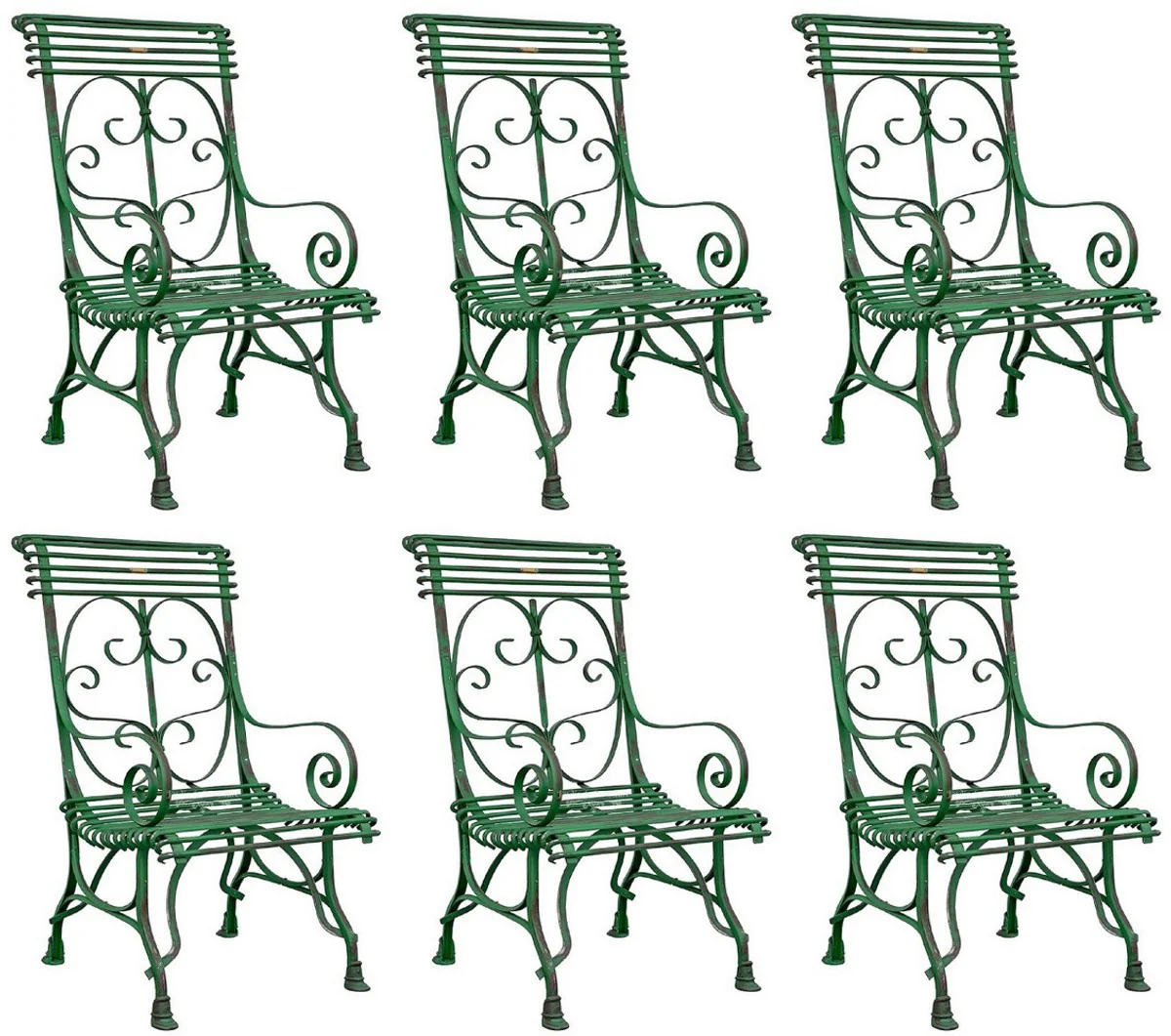 Art Nouveau Garden Chair Set of 6 Antique Green 64 x 66 x H. 114 cm - Handcrafted Wrought Iron Chairs with Armrests - Nostalgic Garden & Patio Furniture