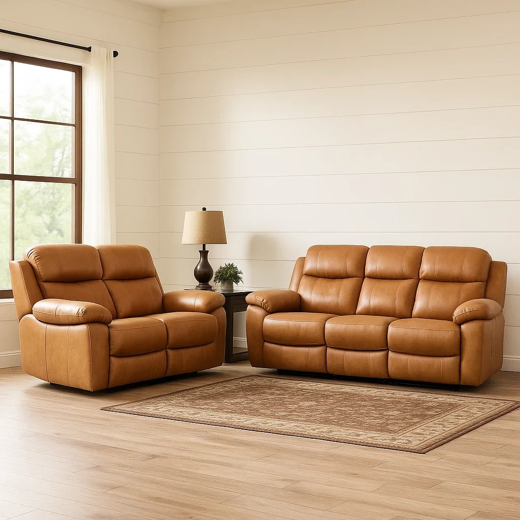 4-Sitzer-Sofagarnitur, Kunstleder, braun, kombinierte Konstruktion, manuelle Verstellfunktion, Sofagröße 200 x 90 x 98 cm, Sesselgröße 95 x 90 x 98 cm, für das Wohnzimmer - lIcgVLNTX2EM