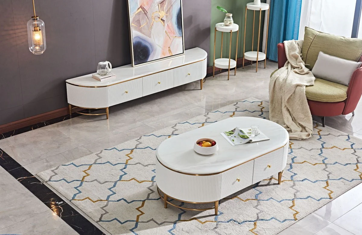 Luxury coffee table white / brass / gold 130 x 70 x H. 42 cm - Modern living room table with 4 drawers - Modern living room furniture