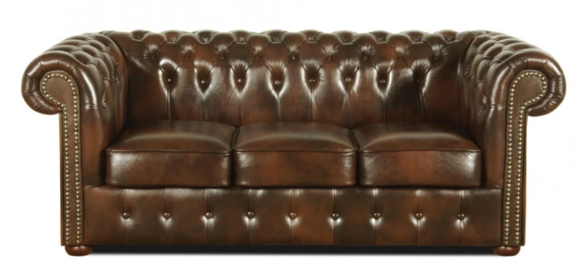 Real leather 3-seater sofa dark brown 200 x 90 x H. 78 cm - luxury Chesterfield furniture