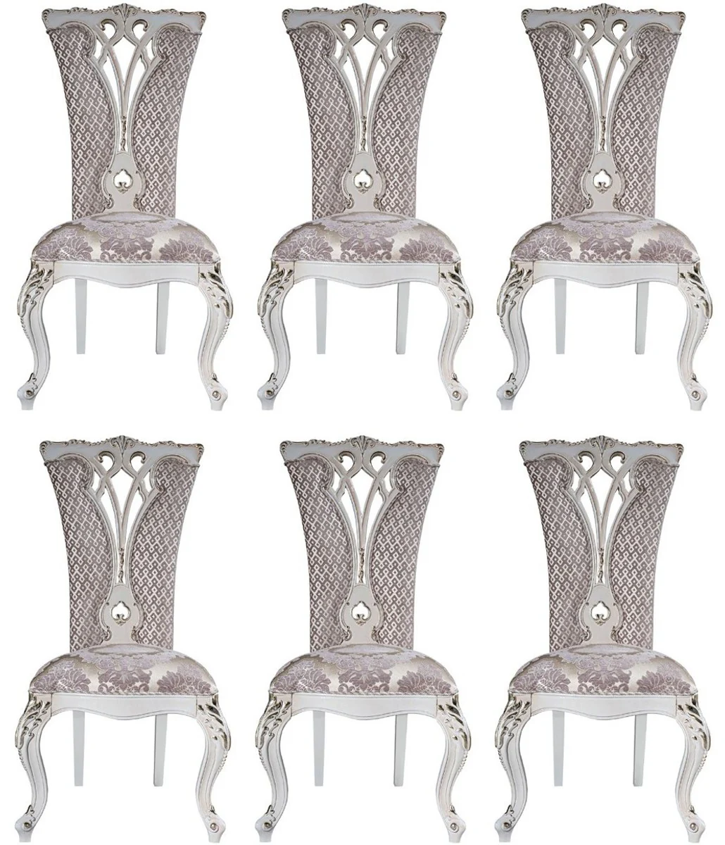 Luxury Baroque Dining Room Chair Set Purple / Beige / White / Gold 57 x 65 x H. 113 cm - Kitchen Chairs Set of 6 - Magnificent Baroque Dining Room Furniture