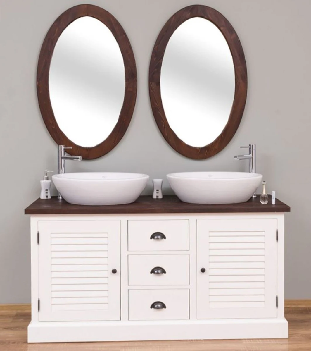 Country house style bathroom set white / dark brown - 1 double washbasin & 2 wall mirrors - solid wood bathroom furniture in country house style