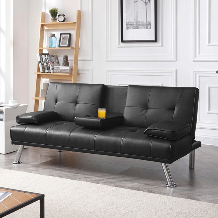 Janni 66''' Wide Faux Leather Cushion Back Convertible Sofa with Cup Holder