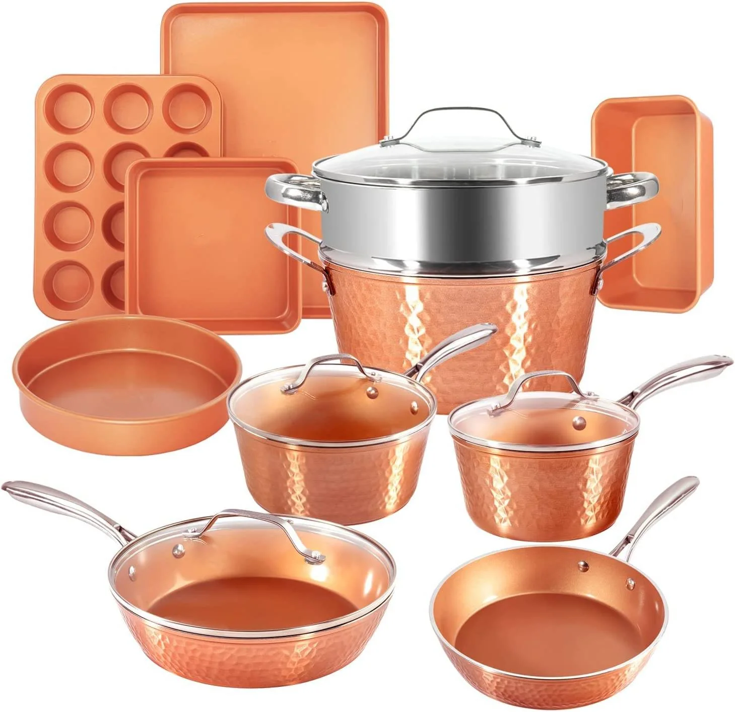 Set aus gehämmerten Töpfen und Pfannen aus Stahl mit Antihaftbeschichtung, 15-teiliges, elegantes Kochgeschirr- und Backgeschirr-Set für die Küche, extrem langlebige Töpfe und Pfannen zum Kochen mit Antihaft-Keramikbeschichtung, spülmaschinenfest, sc