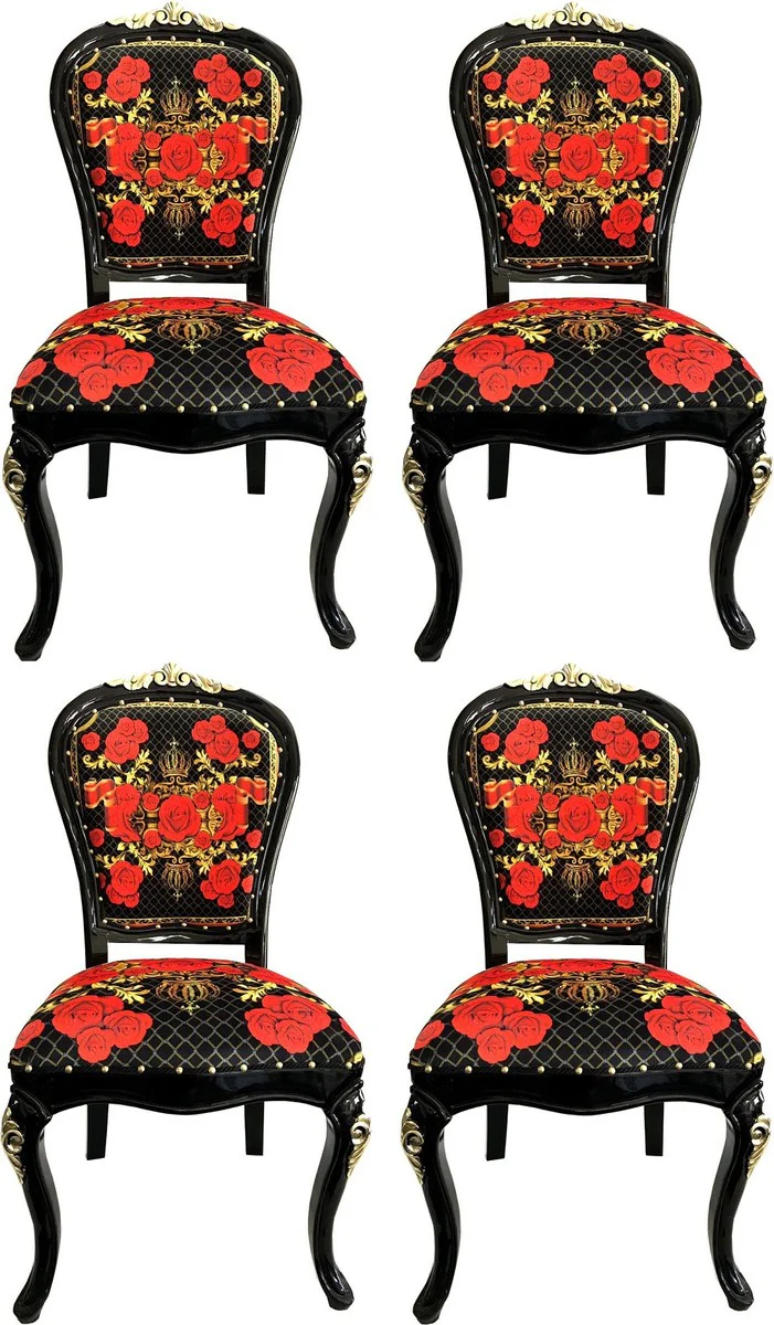 Pompöös by Luxury Baroque Dining Room Chairs Roses Black / Red / Gold - Dining Room Set - 4 Pompöös Baroque Chairs designed by Harald Glööckler