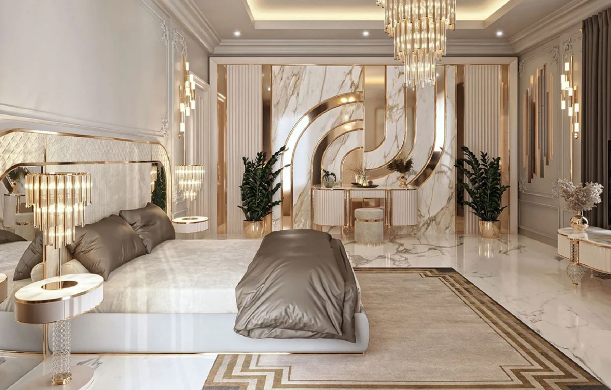 Luxury Art Deco double bed gray / gold 350 x 209.5 x H. 140 cm - Elegant solid wood bed with mirrored headboard - Luxury bedroom furniture - Hotel furniture - Art Deco furniture