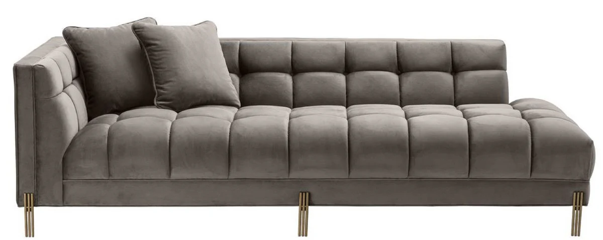 Luxury lounge sofa gray - greige / brass colored 223 x 95 x H. 68 cm - left-side living room sofa with elegant velvet fabric and 2 cushions