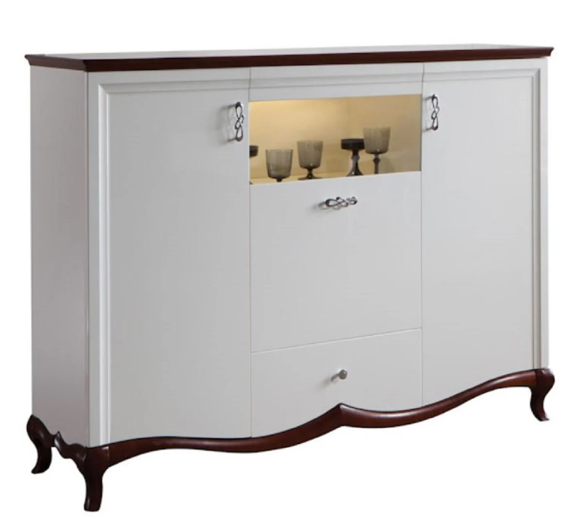 Luxury Art Deco bar cabinet white / dark brown 164.2 x 46.5 x H. 123 cm - Illuminated living room cabinet with 3 doors and drawer