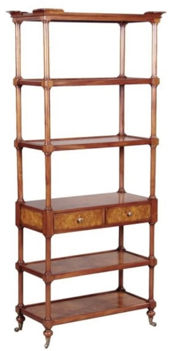 Luxury Art Nouveau bookcase brown / dark brown 81 x 40 x H. 182 cm - shelf cabinet with wheels and 2 drawers
