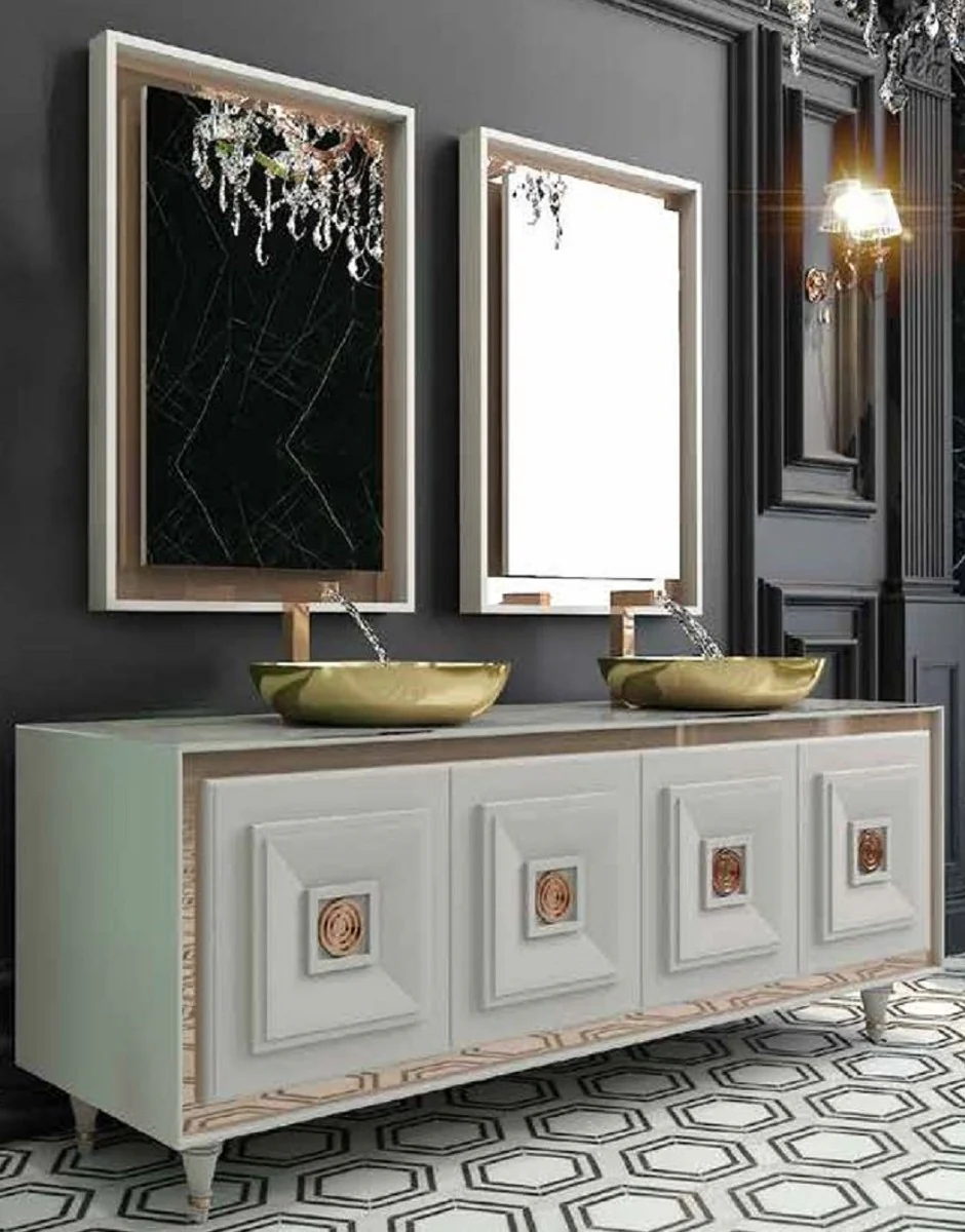 Luxury bathroom set white / bronze / gold - 1 vanity unit with 4 doors and 2 sinks and 2 wall mirrors - luxury bathroom furniture