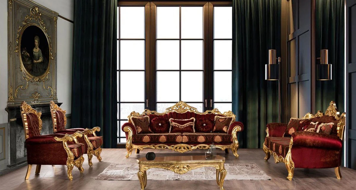 Luxury Baroque Sofa Bordeaux Red / Gold - Magnificent Living Room Sofa with Elegant Pattern - Baroque Living Room Furniture