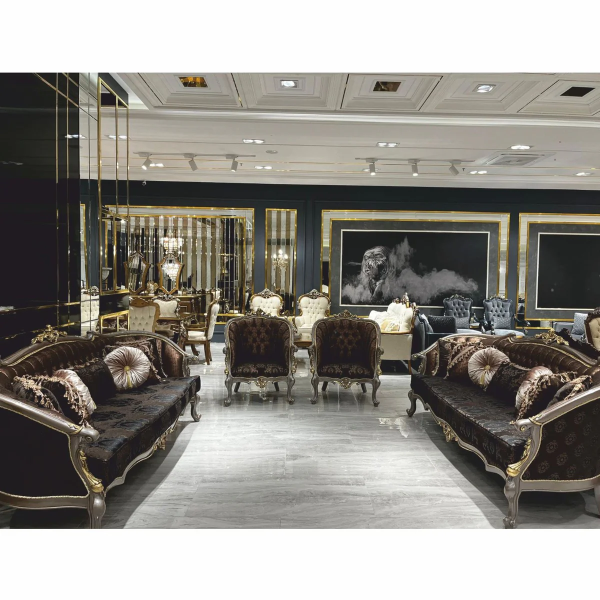 Luxury Baroque Living Room Sofa Black / Gray / Gold 241 cm - Baroque Furniture