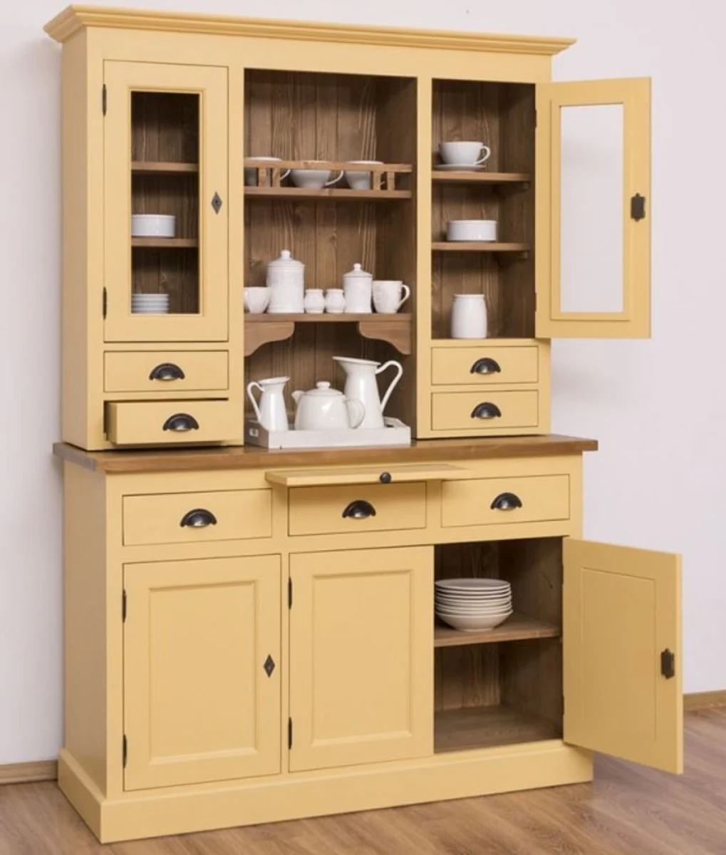 Country house style kitchen cabinet yellow / brown 137 x 50 x H. 197 cm - 2-part kitchen cabinet with 5 doors and 7 drawers - country house style kitchen furniture