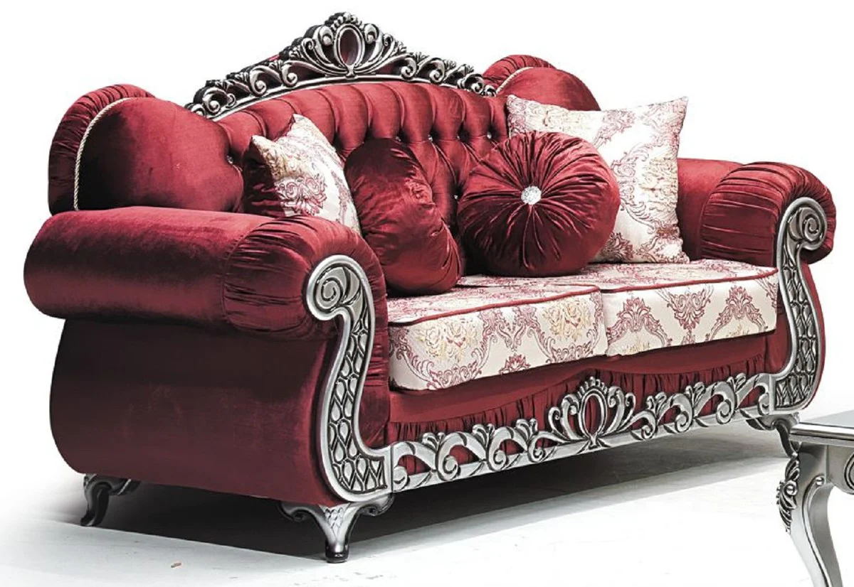 Luxury Baroque 2-seater sofa Bordeaux red / cream / silver - magnificent living room sofa with pattern and glittering stones - living room furniture in baroque style - baroque furniture - noble & magnificent