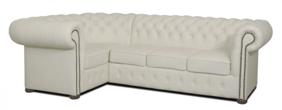 Chesterfield genuine leather corner sofa white 260 x 160 x H. 78 cm - luxury living room furniture