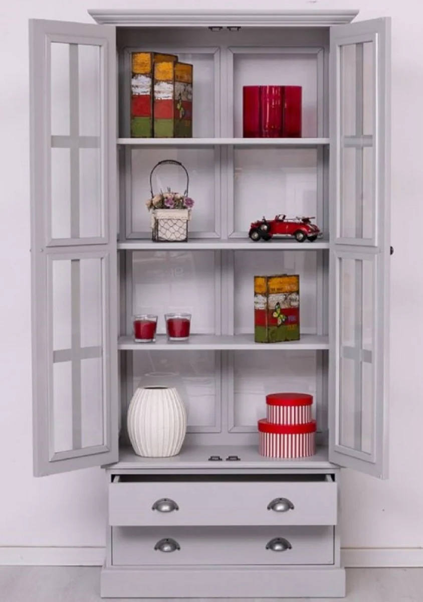 Country house style display cabinet light gray 91 x 47 x H. 200 cm - Solid wood display cabinet with 2 doors and 2 drawers - Country house style furniture - Solid wood furniture - Dining room furniture