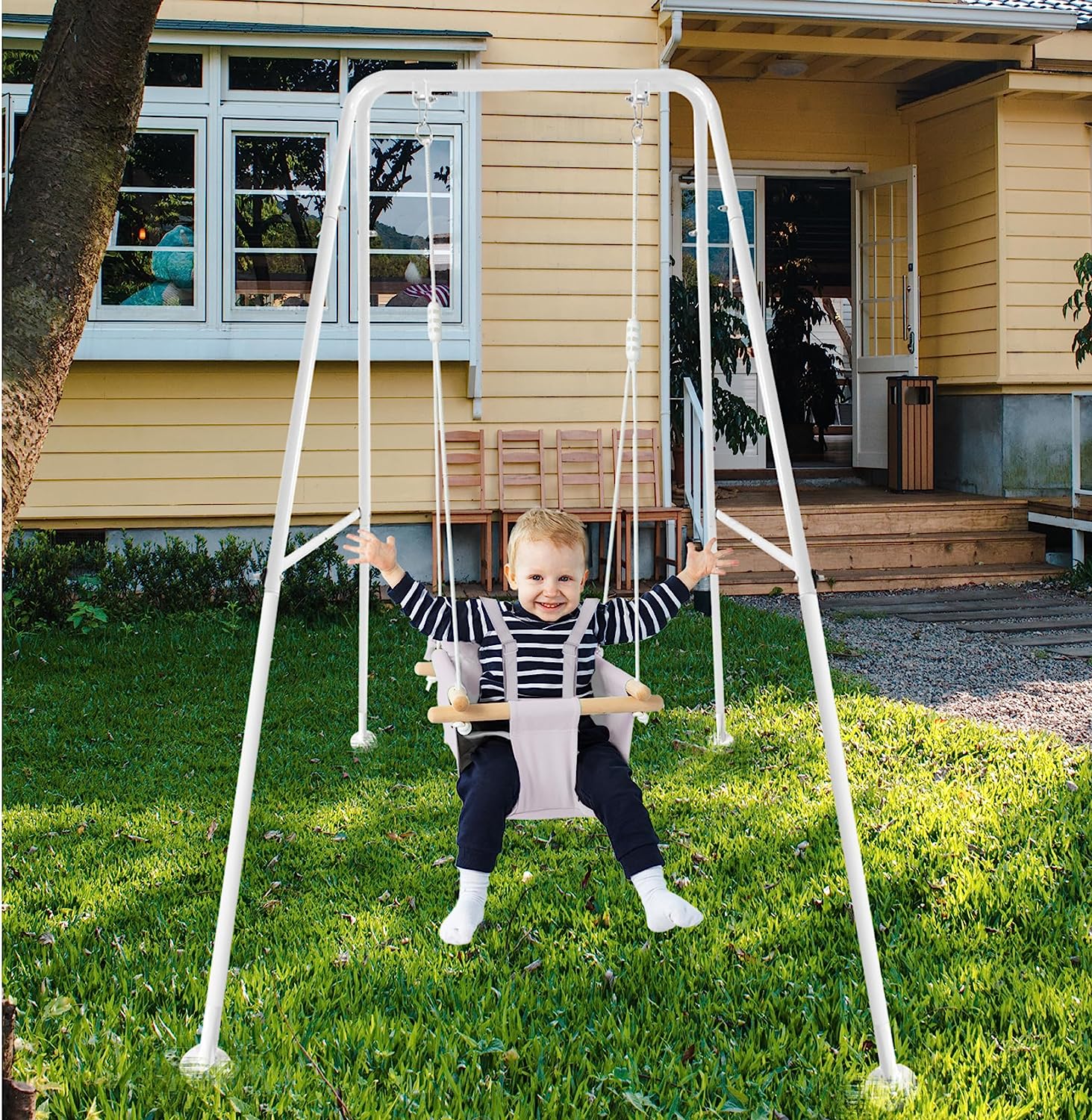 Babyschaukel aus Segeltuch, hängender Schaukelsitz aus Holz mit Sicherheitsgurt, langlebiger Baby-Hängemattenstuhl, Außen- und Innenschaukel für Kinder, Montagezubehör im Lieferumfang enthalten, Elfenbeinfarben