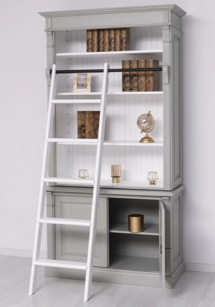 Country house style bookcase with ladder gray / white 120 x 51 x H. 228 cm - solid wood cabinet - shelf cabinet - living room cabinet - office cabinet - country house style furniture