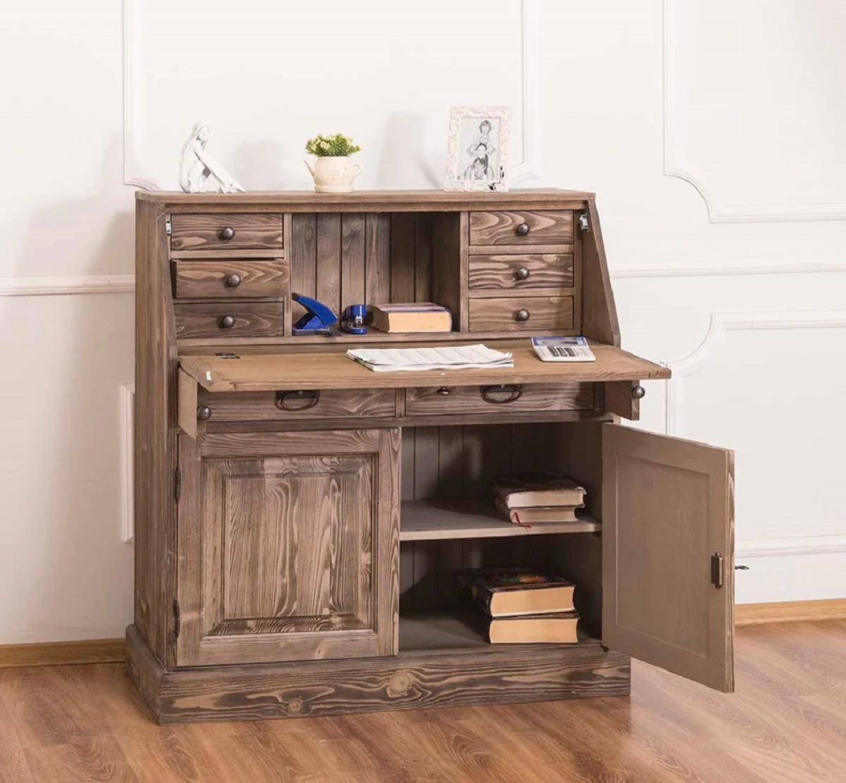 Country house style writing chest with 2 doors and 8 drawers brown 106 x 49 x H. 109 cm - country house style furniture