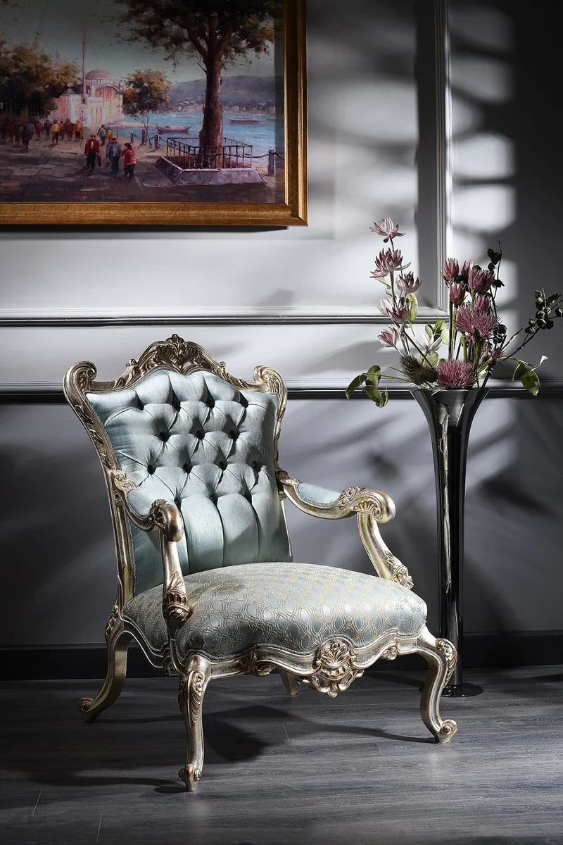 Luxury Baroque Chesterfield throne armchair turquoise / gold / silver 87 x 83 x H. 110 cm - Baroque furniture
