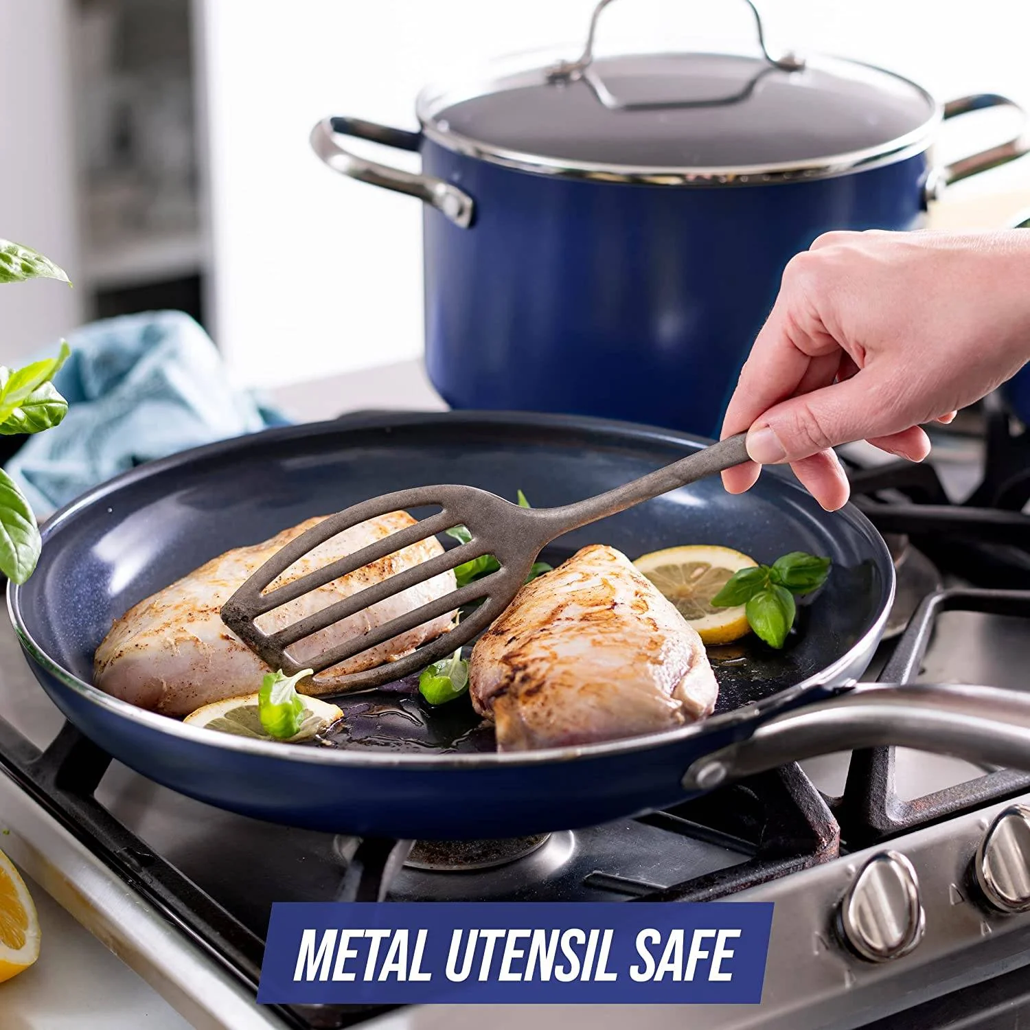 Diamond Cookware Diamond Infused Ceramic Antihaft-Kochgeschirr-Set, 14-teilig, Töpfe und Pfannen, PFAS-frei, spülmaschinenfest, ofenfest, blau