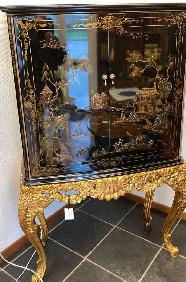 Luxury baroque bar cabinet black / multicolored / gold - magnificent solid wood cabinet with LED lighting - baroque living room furniture - baroque bar furniture - baroque hotel furniture