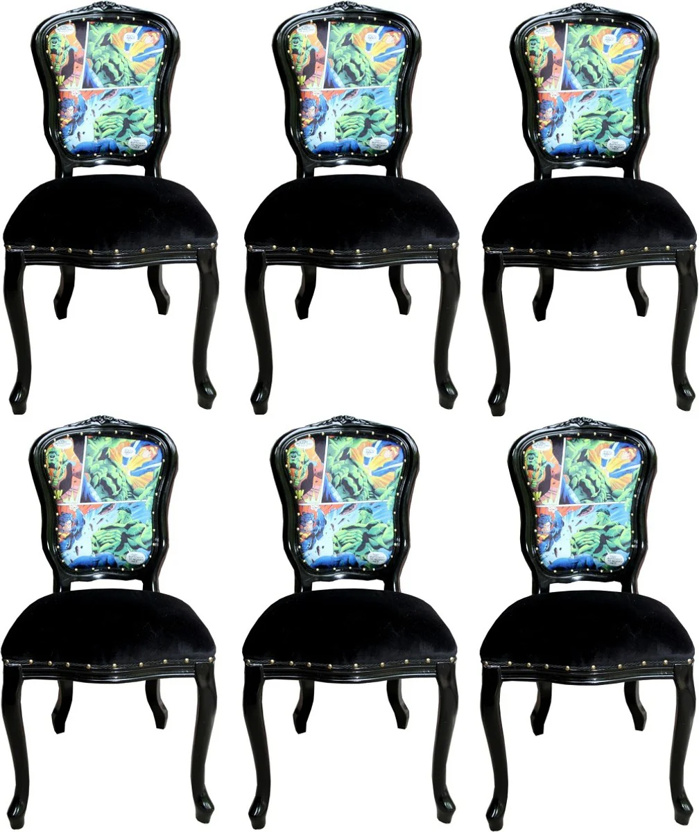 Luxury Baroque Dining Room Set Comic Multicolored / Black 55 x 54 x H. 103 cm - 6 handmade dining room chairs - Designer chairs - Baroque dining room furniture