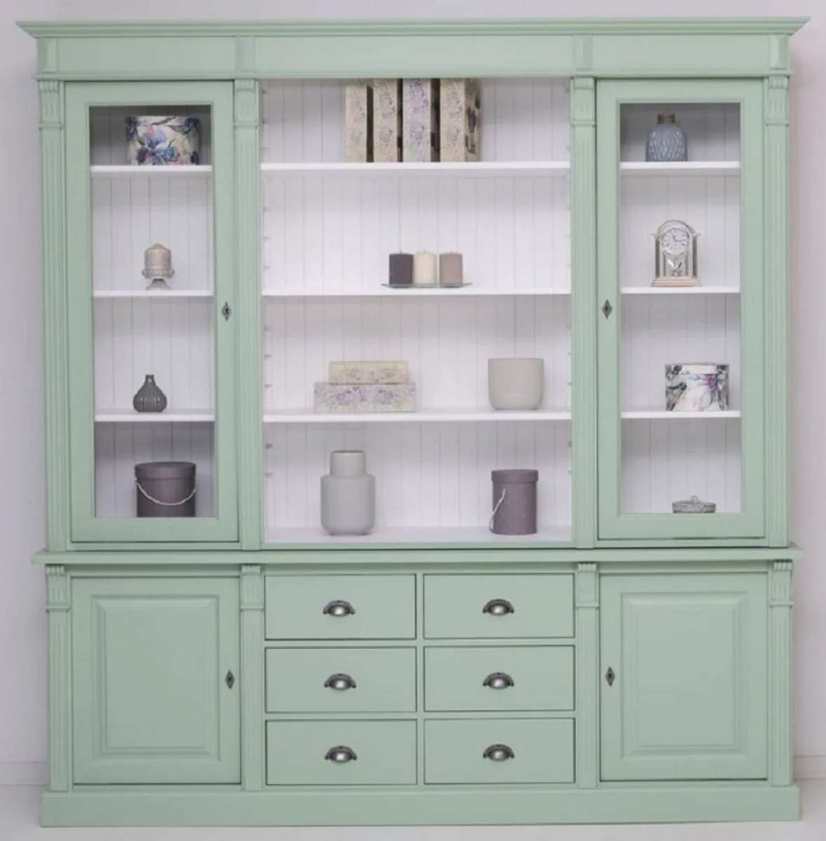 Country house style dining room cabinet light green / white 223 x 51 x H. 228 cm - solid wood cabinet - kitchen cabinet - country house style dining room furniture