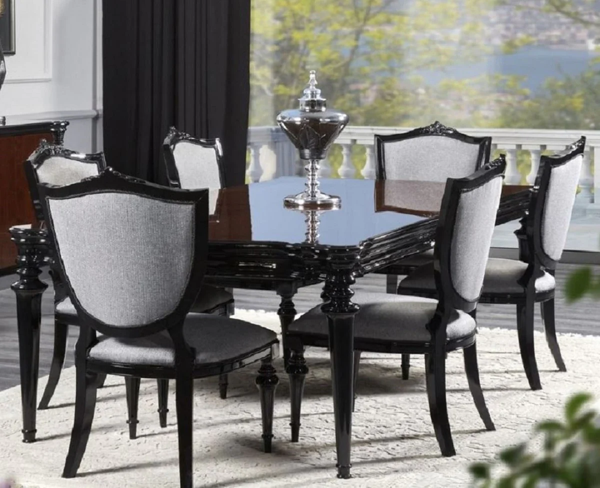 Luxury Baroque Dining Room Set Silver Gray / Black - 1 Baroque Dining Table & 6 Baroque Dining Chairs