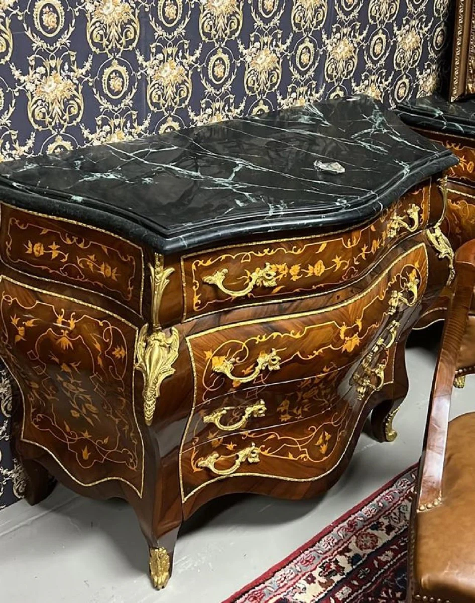 Baroque chest of drawers brown inlaid / gold / black - handmade solid wood chest of drawers with 4 drawers and marble top - baroque furniture