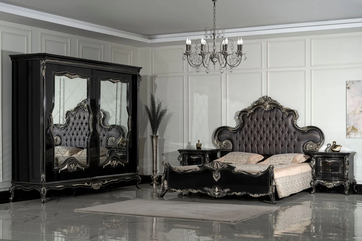 Luxury baroque bedroom cupboard black / silver - magnificent solid wood cupboard with 2 mirrored sliding doors - baroque wardrobe - baroque bedroom furniture