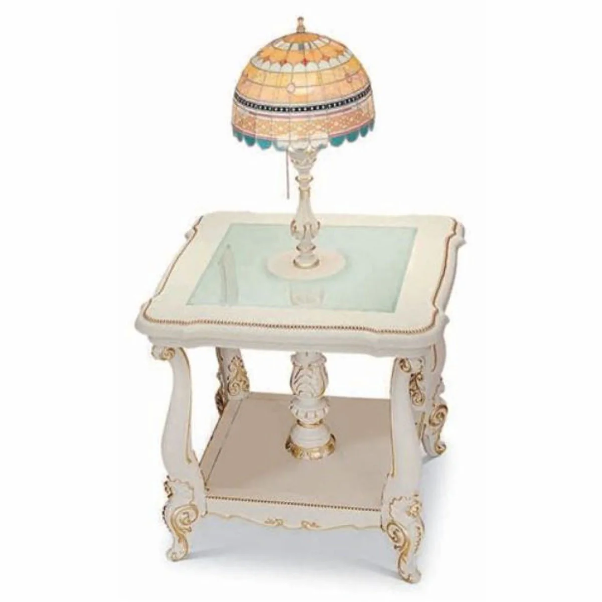 Luxury baroque side table with Tiffany table lamp white / gold H. 115 cm - Made in Italy