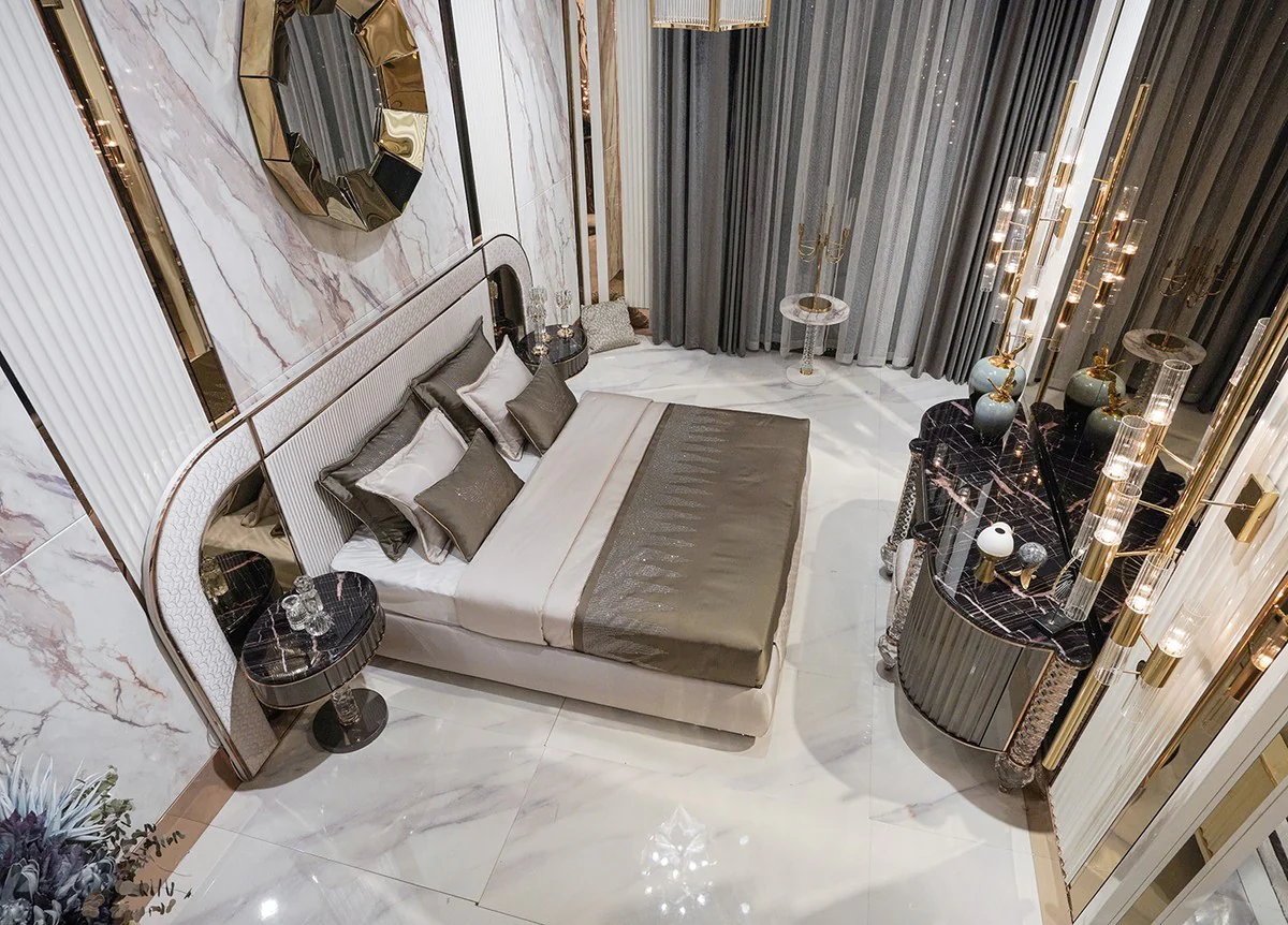 Luxury Art Deco dressing table black / gray / copper 188 x 60 x H. 89 cm - Dressing table with artificial marble top - Art Deco bedroom furniture - Luxury bedroom furniture