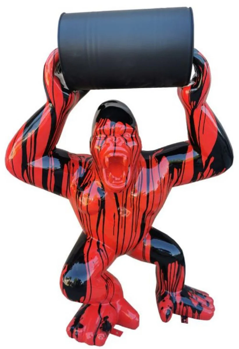 Luxus Deko Skulptur Gorilla Affe mit Fass Rot / Schwarz H. 140 cm - Große Deko Figur - XXL Deko Skulptur - XXL Deko Figur - Wohnzimmer Deko - Garten Deko - Luxus Figuren