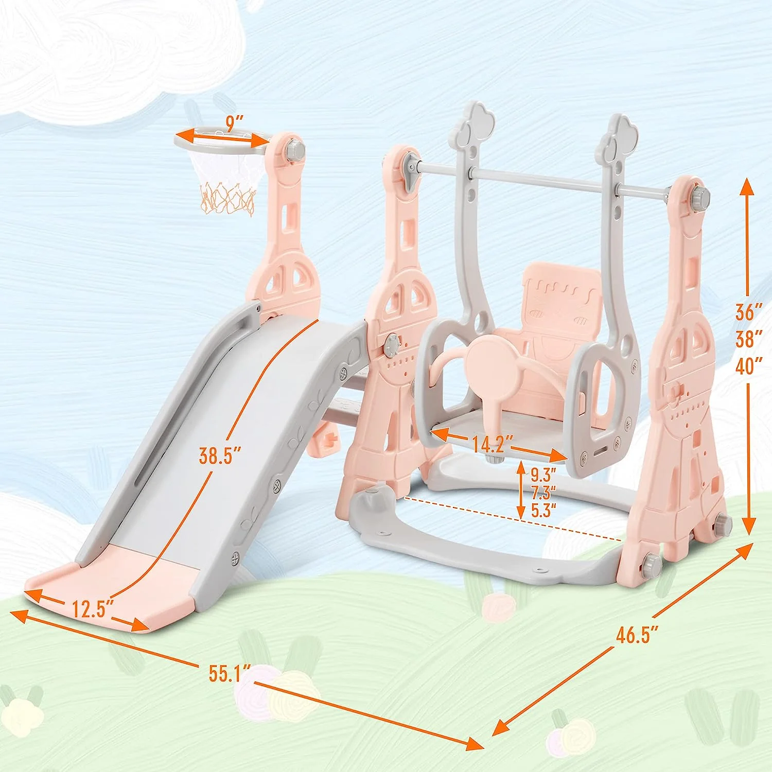 Merax 4-in-1-Rutsche für Kleinkinder, Indoor-Rutsche und Schaukel-Set für Kinder, freistehende Outdoor-Rutsche mit Basketballkorb (grüne Schaukelrutsche)