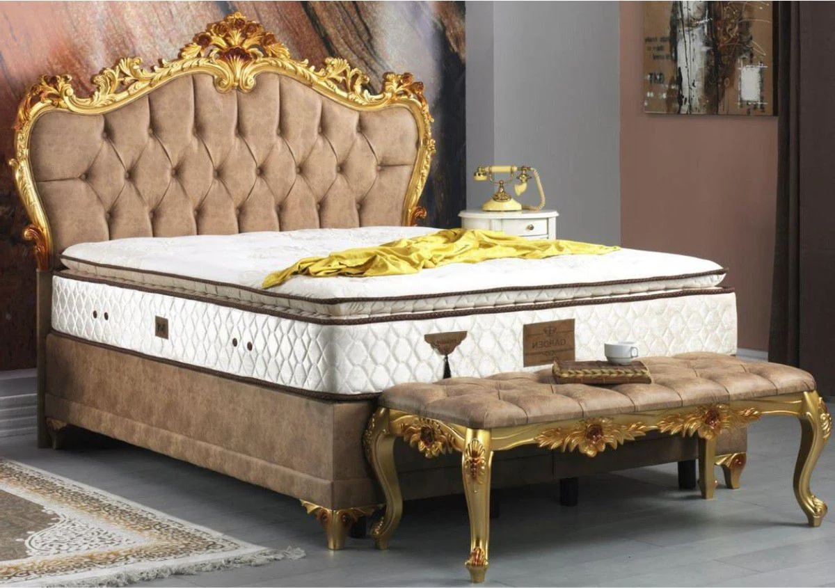 Baroque bedroom set brown / gold - magnificent double bed with bench - bedroom furniture in the baroque style