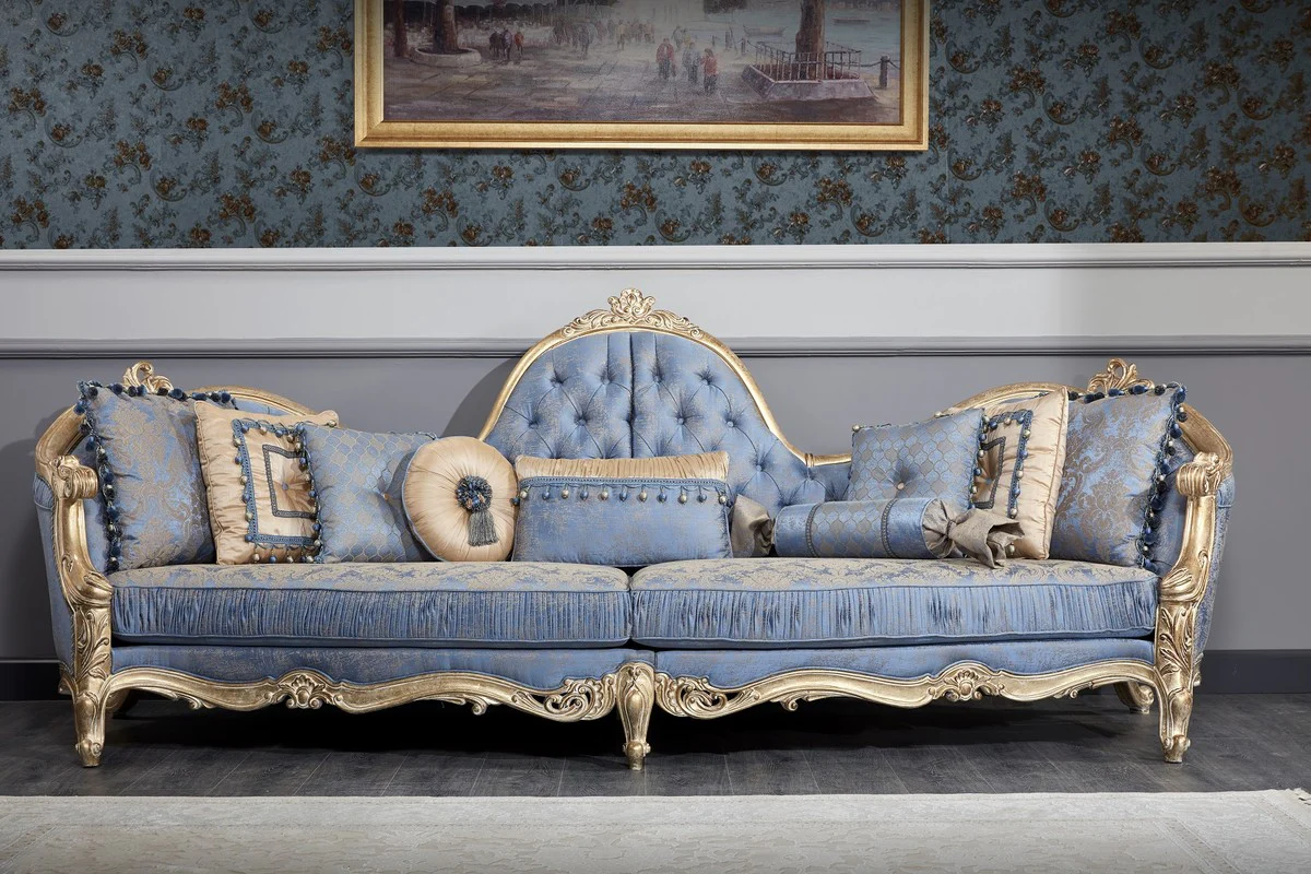 Luxury Baroque Chesterfield Sofa Light Blue / Antique Gold 300 x 90 x H. 119 cm - Magnificent Baroque Living Room Sofa - Baroque Furniture