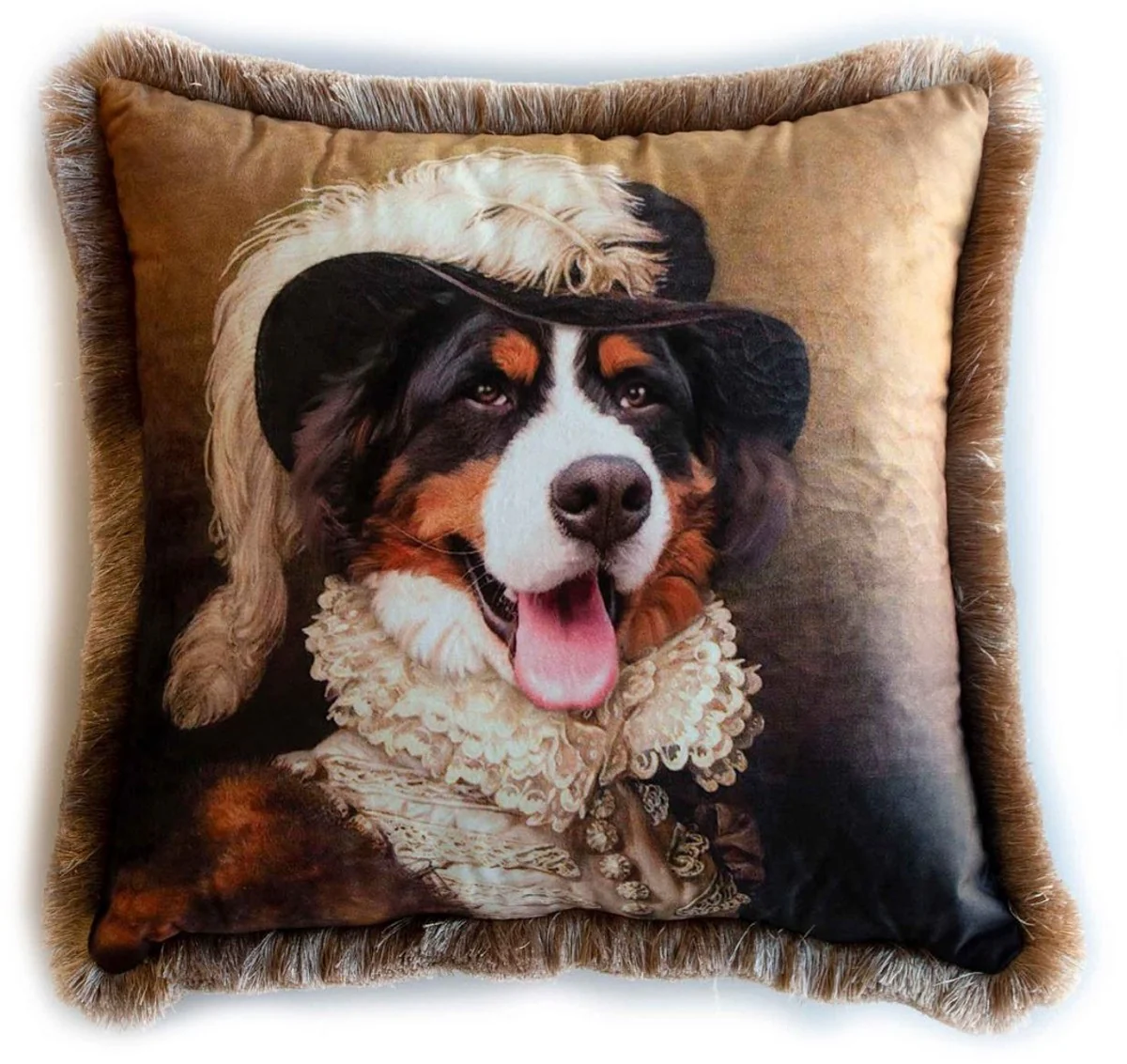 Luxury decorative cushion Lord St. Bernard multicolored / brown 45 x 45 cm - printed velvet cushion with fringes - luxury decorative accessories