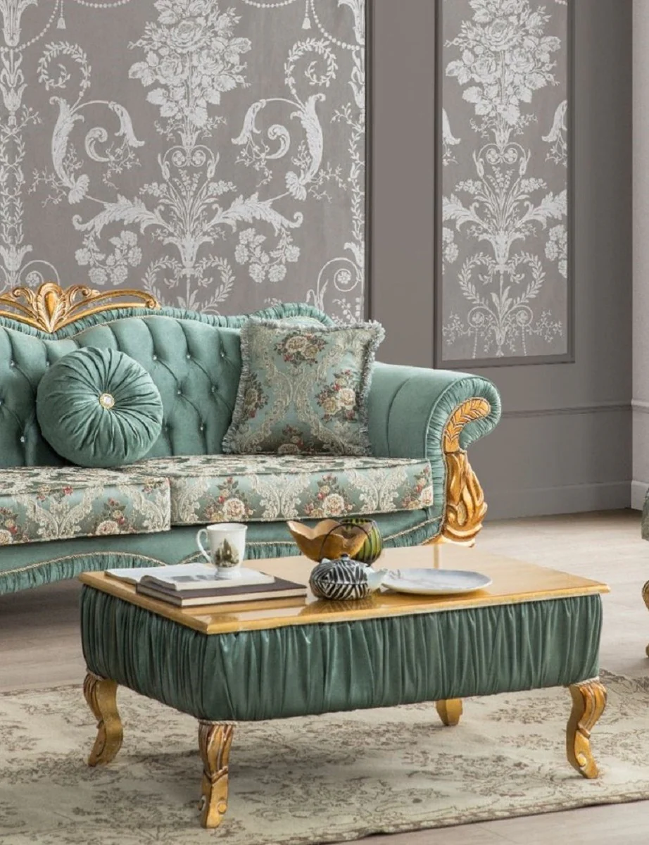 Luxus Barock Wohnzimmer Set Grün / Gold - 2 Sofas mit Muster & 2 Sessel mit Muster & 1 Couchtisch - Wohnzimmer Möbel im Barockstil - Edel & Prunkvoll