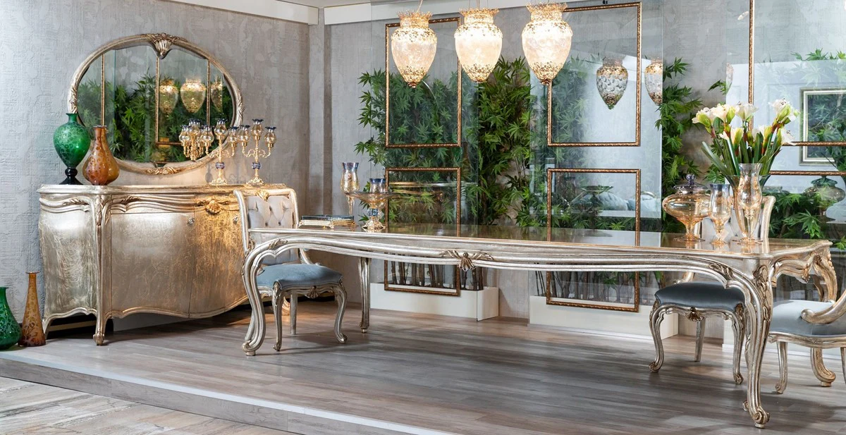 Luxury baroque dining room set light blue / silver / gold - 1 baroque dining table & 8 baroque dining chairs - magnificent dining room furniture in baroque style