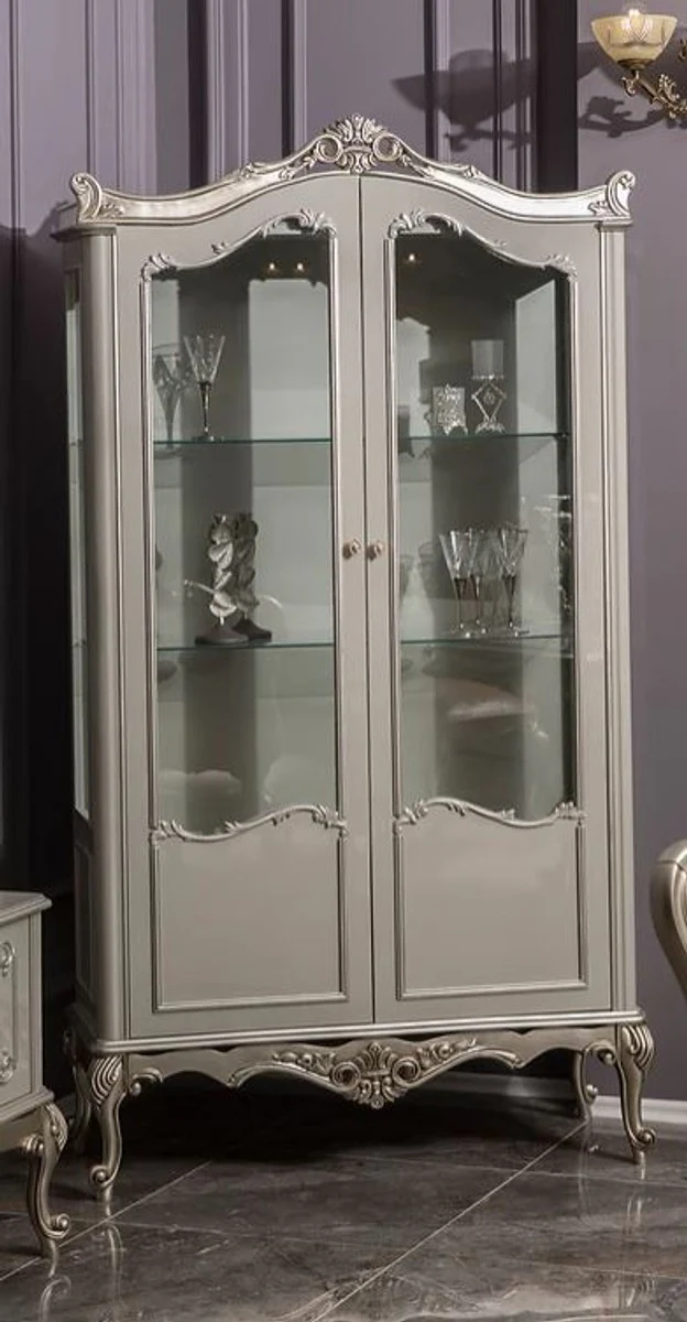 Luxury baroque display cabinet gray / silver 108 x 47 x H. 202 cm - solid wood display cabinet in baroque style - noble and magnificent