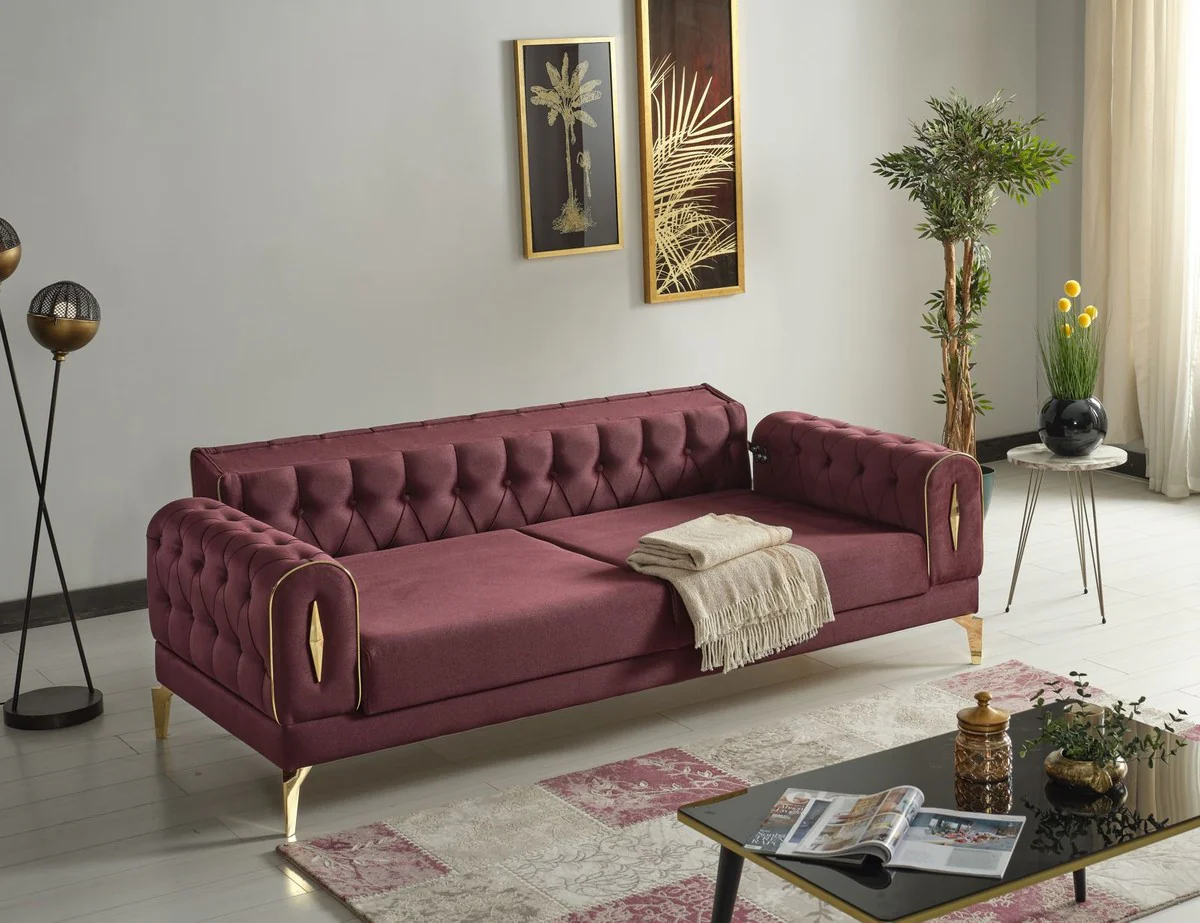 Luxury sofa bed wine red / gold 225 x 95 x H. 83 cm - Living room sofa with 4 cushions - Luxury living room furniture