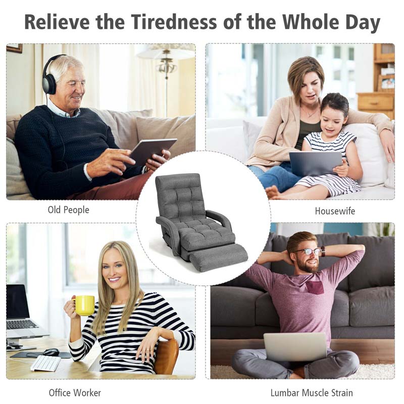 Foldable Massage Floor Chair Recliner, Single Lazy Sofa with Ergonomic Armrest, Adjustable 5 Backrest Position & Detachable Mat