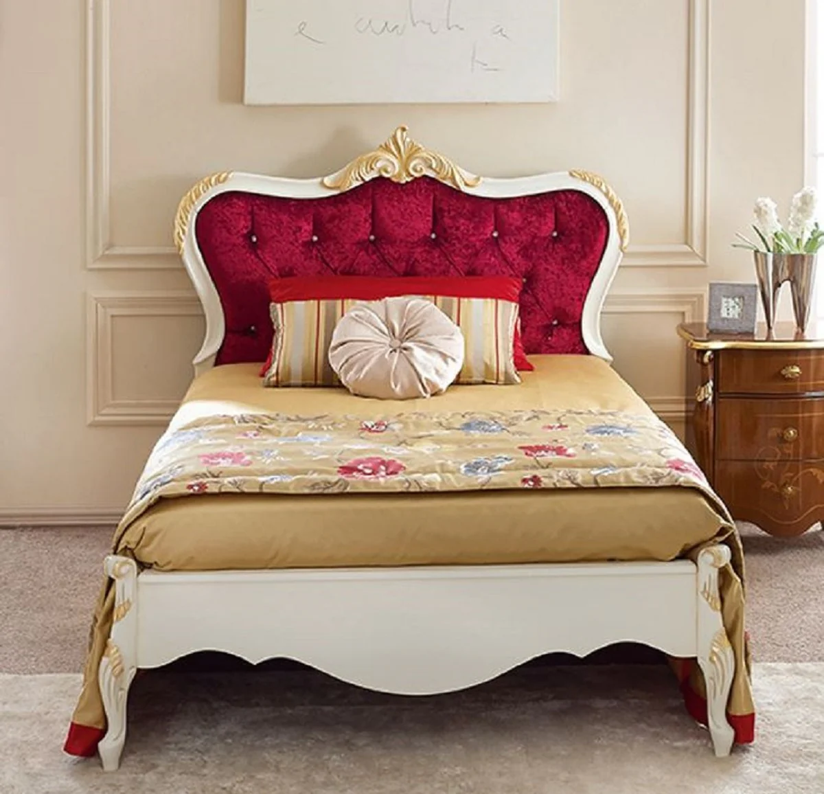 Luxury Baroque double bed Bordeaux red / white / gold - Magnificent solid wood bed - Baroque bedroom furniture - Luxury quality - Made in Italy
